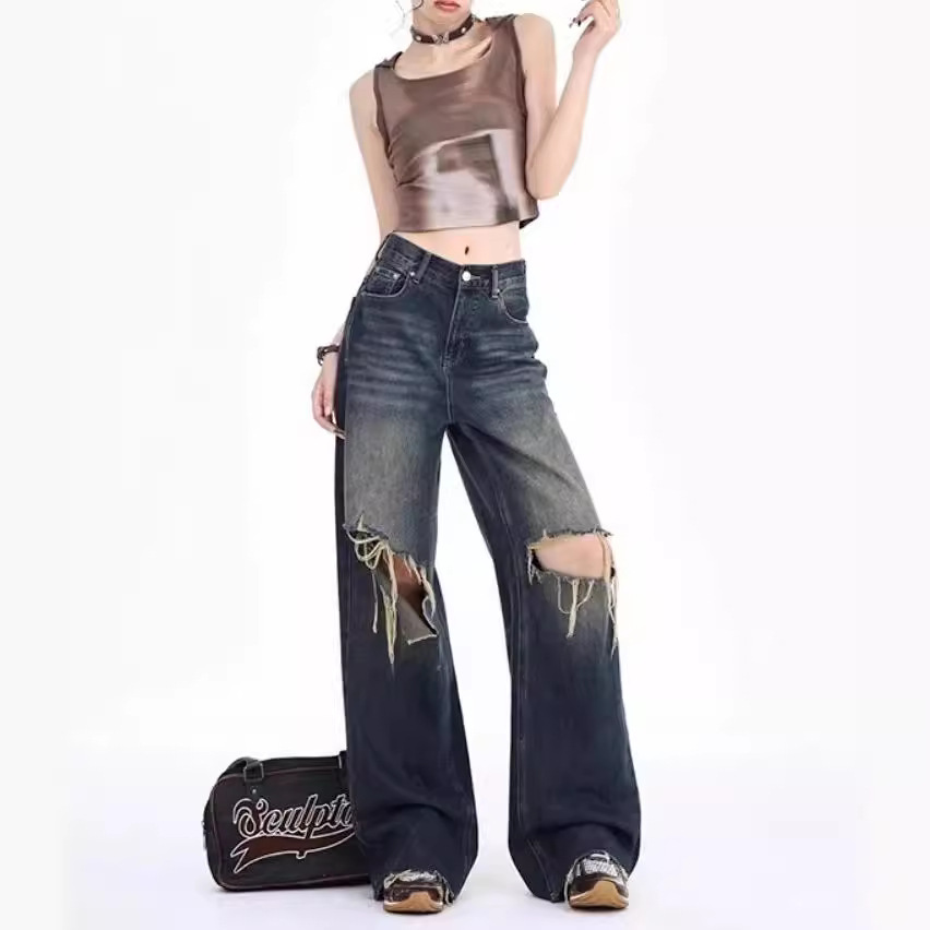 美式破洞街头复古牛仔裤女春秋毛边拖地长裤宽松设计感辣妹阔腿裤