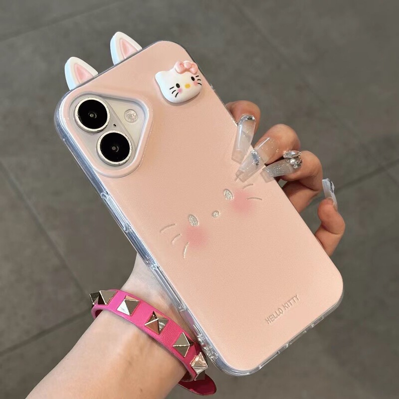 粉Kitty表情耳朵适用苹果16ProMax大孔手机壳vivo华为oppo小米15|undefined