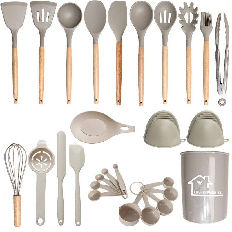 Cuchara de sopa de espátula de silicona transfronteriza Juego de 33 piezas sartén antiadherente resistente a altas temperaturas Espátula de silicona Juego de utensilios de cocina de silicona en stock al por mayor