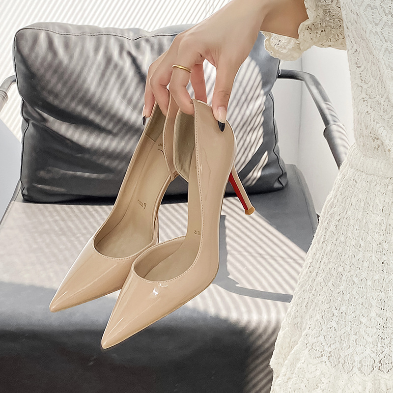 2026 New Model Red Sole Pointed Toe Side Hollow Sexy Nude High Heels for Women, Gorgeous Thin Heel Elegant Black Patent Leather Pumps 2026 New Model Red Sole Pointed Toe Side Hollow Sexy Nude High Heels for Women, Gorgeous Thin Heel Elegant Black Patent Leather Pumps