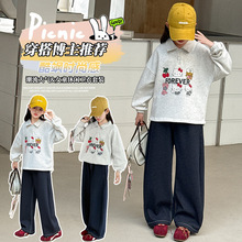 女童卫衣春秋装2025新款刺绣洋气休闲中大童女孩polo衫牛仔裤套装