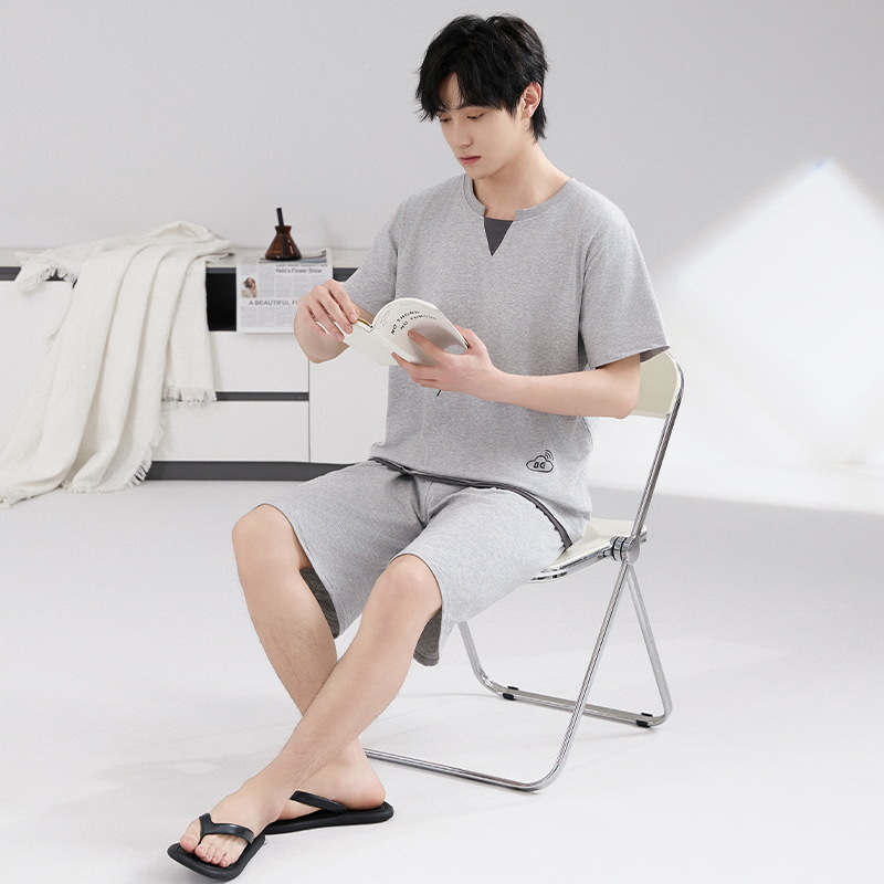 Pijamas de hombre verano algodón de manga corta cuello redondo suelto talla grande marco de tracción de verano algodón fresco traje de servicio a domicilio para niños