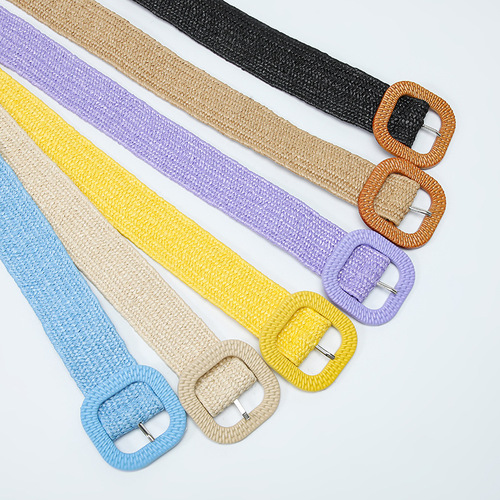 Korean version hot selling 4cm square buckle PP straw elastic elastic decorative belt for women small fresh candy color waist belt