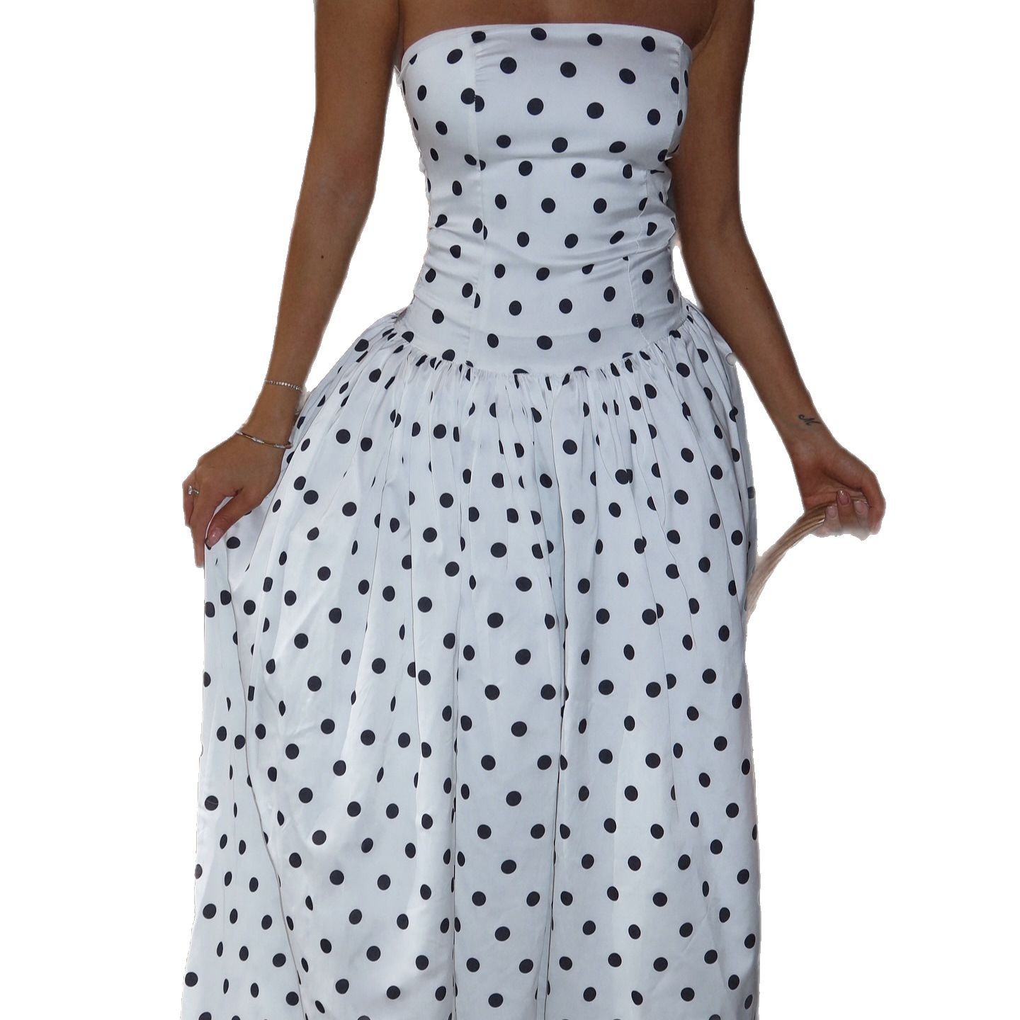 Summer New Arrival Polka Dot Retro Strapless Dress For Women American Style Off Shoulder High End Fashionable_ecoleips.com