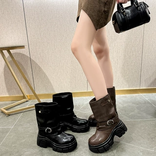 新款黑色英伦风小个子增高8cm厚底马丁靴女款圆头复古裤管短靴子