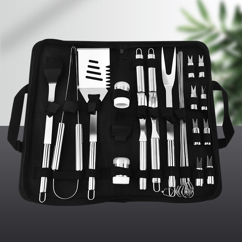 Mango de tubo pequeño, clip de espátula, tenedor de maíz, botella de condimento, equipo para hornear BBQ, tela Oxford 420, juego de herramientas para barbacoa de acero inoxidable