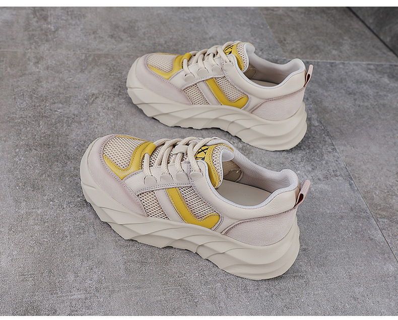 Giày sneaker nữ chunky đế dày da bò lưới thoáng khí — màu vàng chi tiết 12