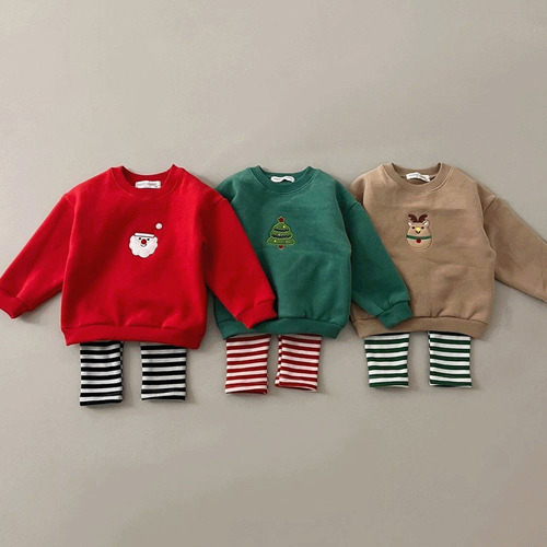 24春季新款韩版小童T恤ins风圣诞节主题长袖上衣儿童圣诞服加厚