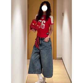 辣妹复古七分牛仔裤女夏季新款设计感格纹口袋高腰显瘦阔腿中裤潮