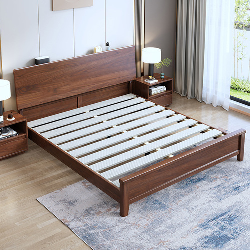 Solid wood bed walnut double bed master bedroom modern simple Nordic bed 1.8 meters air pressure high box storage 1.2 meters