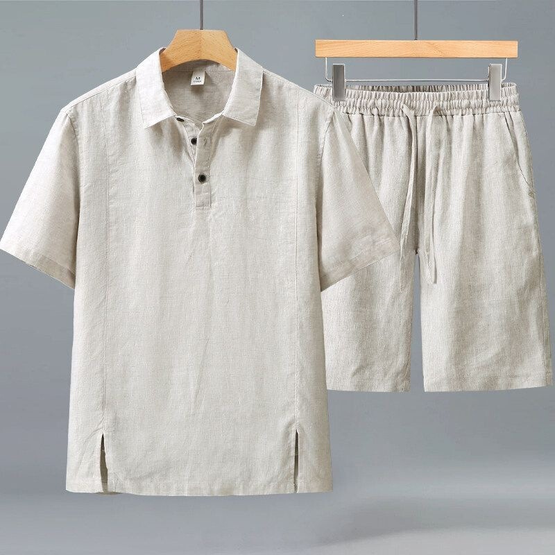 New Chinese Style Plus-Size Linen Summer 2026 New Men's Short-Sleeve Shorts Lapel Shirt Loose Plus-Size Set for Men
