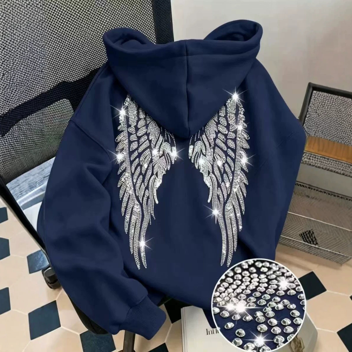 2026 Cross-border Trend New Simple Design Winged Rhinestone Sweatshirt...
