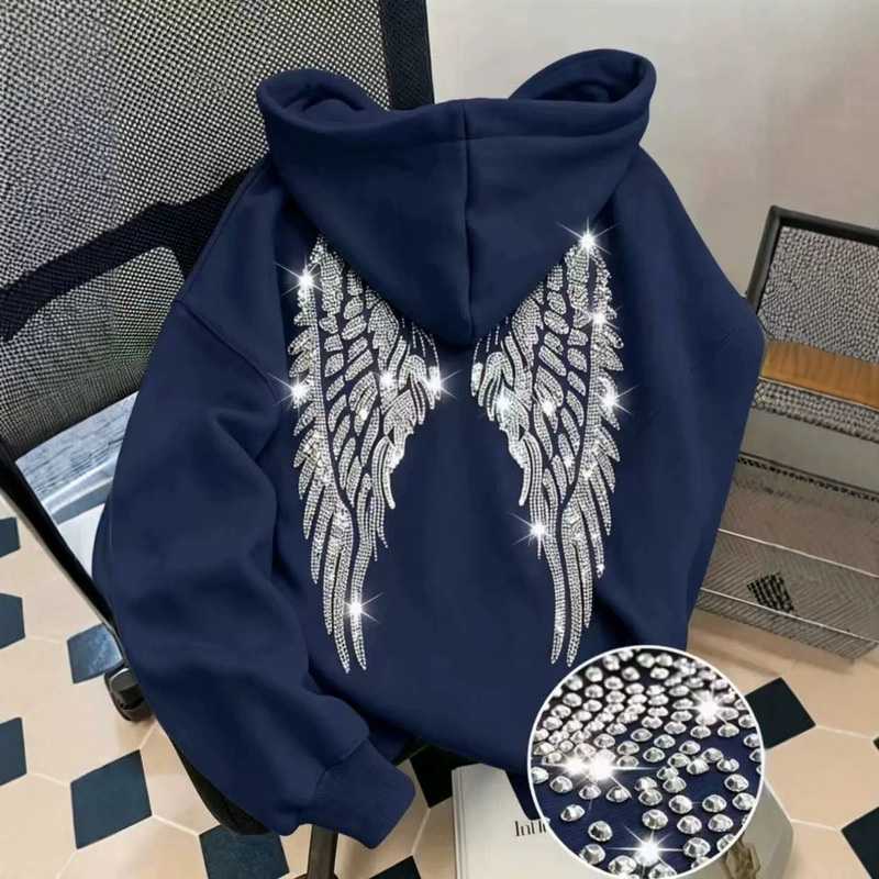 2026 Cross-Border Trend New Simple Design Winged Rhinestone Sweatshirt Casual Loose Hoodie Pullover Jacket