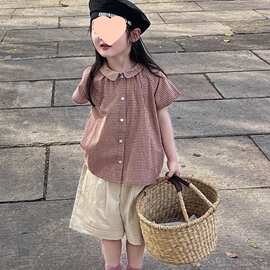 女童韩系格子娃娃领衬衫2025夏季新款洋气宝宝短袖上衣儿童衬衣潮