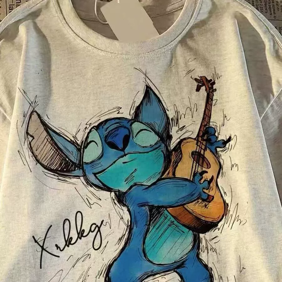 Футболка с коротким рукавом Stitch cartoon shirt 2025 лето печать свободная американская пара топы заказ шерпа