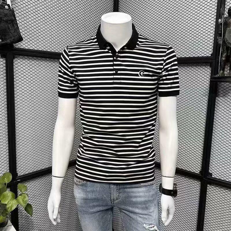 Polo Shirt for Men, Short-Sleeved, Business Casual, Black and White Striped, Small Turn-Down Collar, Half-Sleeve, Large Size, Embroidered, Slim Fit Polo Shirt for Men, Short-Sleeved, Business Casual, Black and White Striped, Small Turn-Down Collar, Half-Sleeve, Large Size, Embroidered, Slim Fit