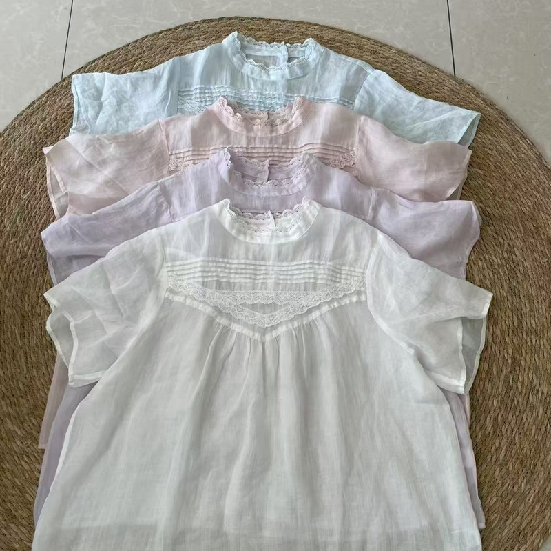 2026 Summer New Women's Round Neck Japanese Style Ramie Top Pullover Short Sleeve Vintage Lace Inner Layer Ins Style Wrinkled