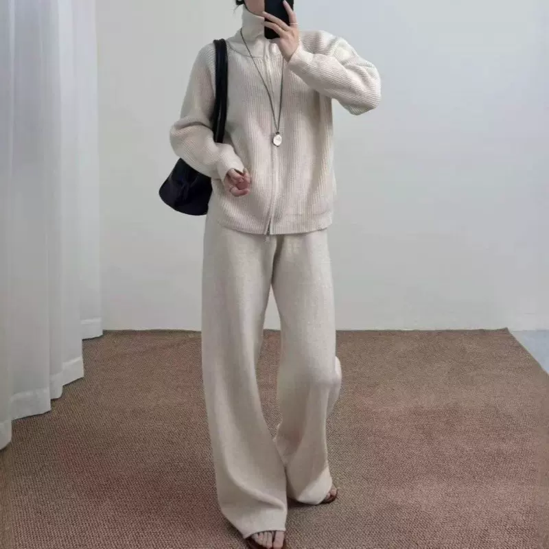 时尚秋冬新款针织套装女韩版宽松开衫+休闲阔腿裤两件套跨境女装