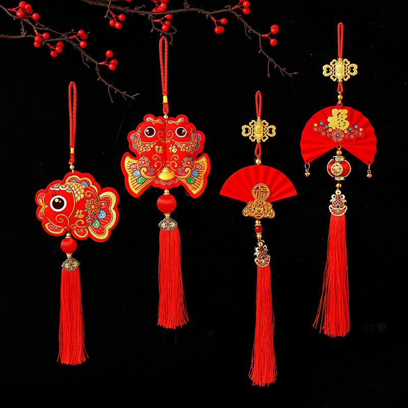 2026马年装饰品红植绒扇子商场室内挂件春节乔迁之喜新房过年挂饰