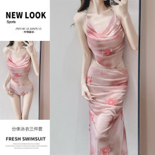新款纯欲粉色蜜桃分体长裙比基尼bikini泳衣女三件套遮肉显瘦度假