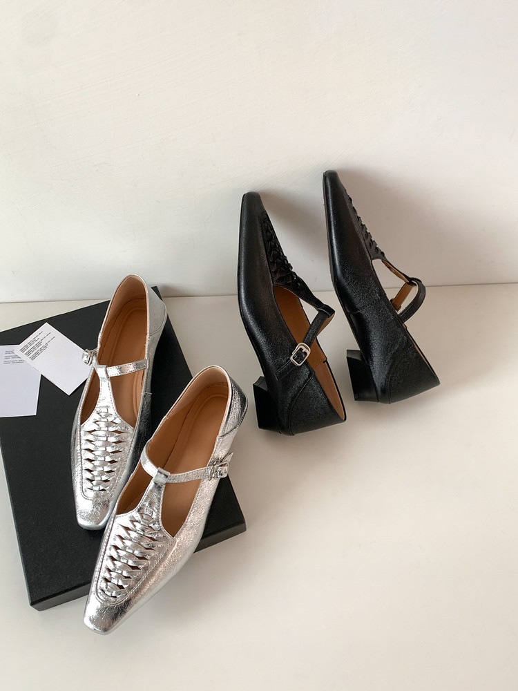 Giày Mary Jane nữ đan T-Strap da thật mũi vuông đế bệt — màu đen, bạc chi tiết 63