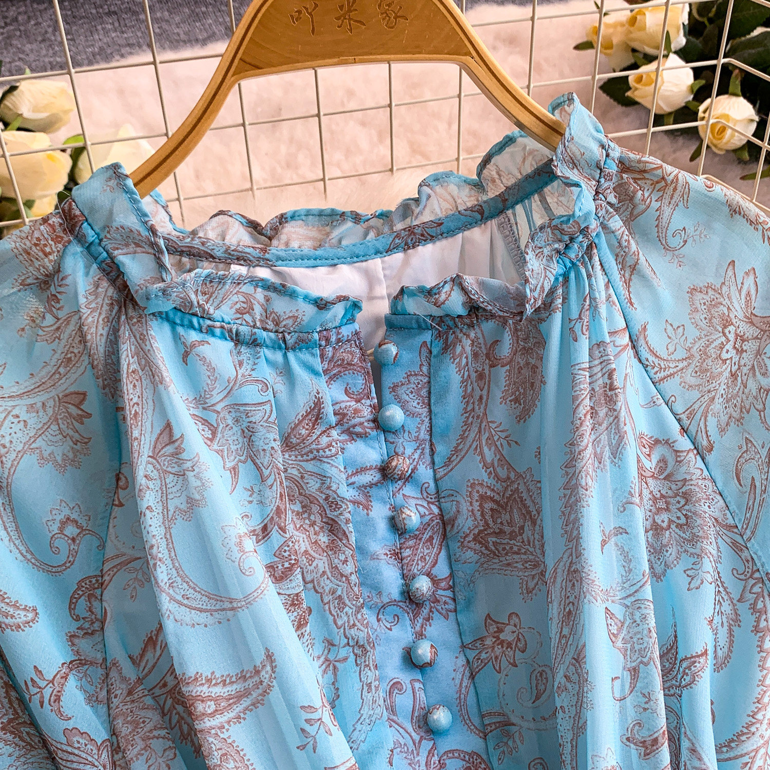 Elegant French Style Long Sleeve Dress Ruffled Collar Rope Waist Cinching Chiffon Printed Maxi Summer Retro Dress_ecoleips.com