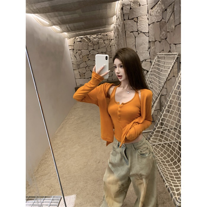kumikumi设计感薄款针织长袖开衫外套女装秋季内搭挂脖背心两件套|undefined