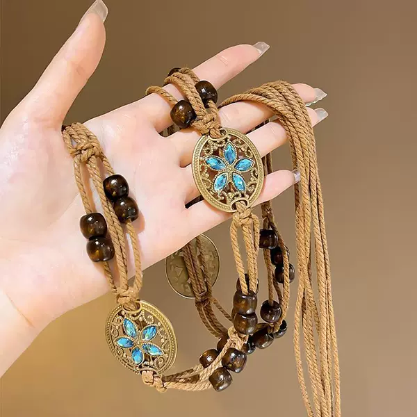 Blue brown woven waist rope, flowered