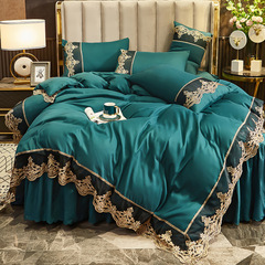 Cross-border e-commerce light luxury European style brushed embroidery four-piece set solid color bed skirt three/4-piece set shipped by manufacturer