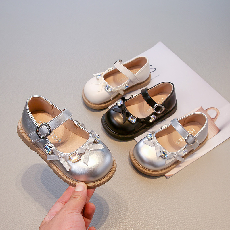 Girls' Leather Shoes Spring & Fall New Korean Style Little Girl Bow Princess Shoes Soft Sole Rhinestone Fashion Performance Dance Shoes