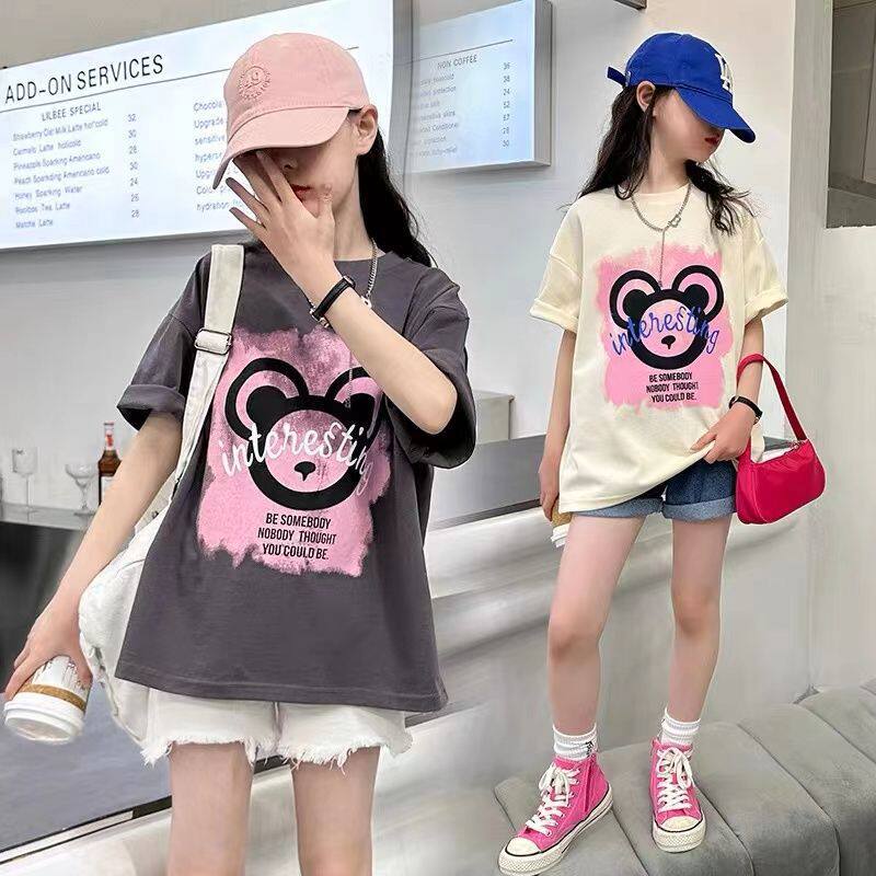 Girls' short-sleeved pure cotton T-shirt, 2025 new summer fashion loose versatile top for medium and large children, printed T-shirt trendy