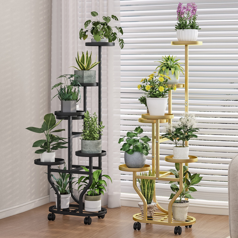 フラワーシェルフリビングルーム床置きバルコニー収納ラック屋外中庭多肉植物鉄植木鉢ブラケットローラー棚付き|undefined