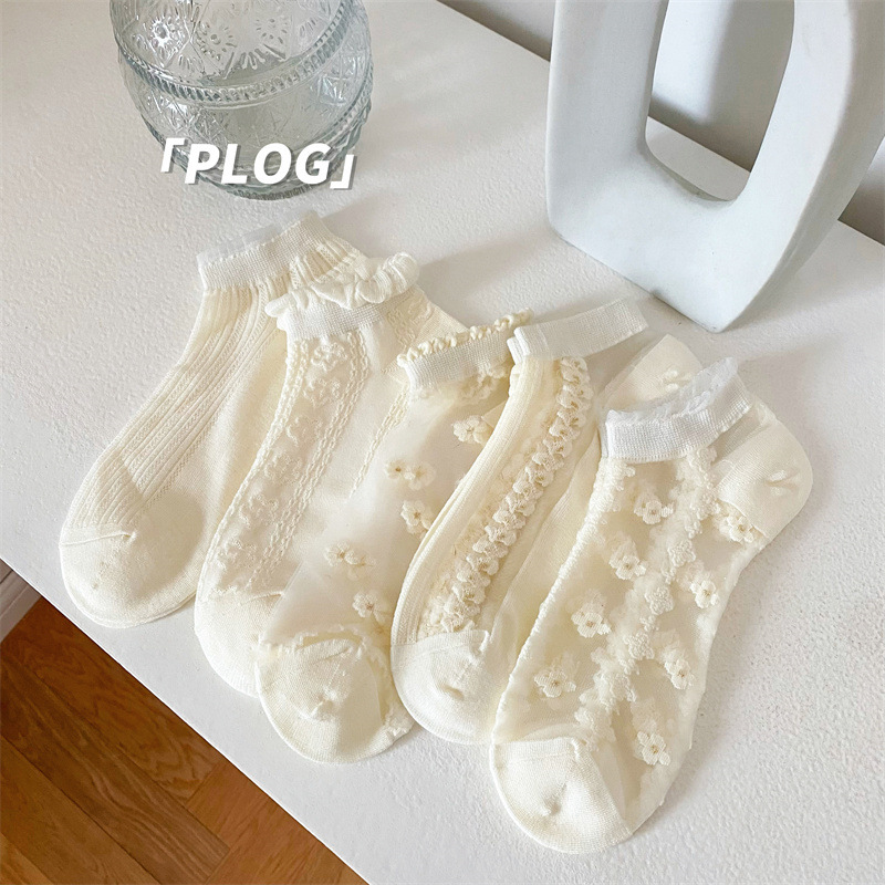 Women's Summer Thin Boat Socks Japanese Style Glass Silk Socks Crystal Breathable Sweat-Absorbent Cotton Socks Casual Versatile