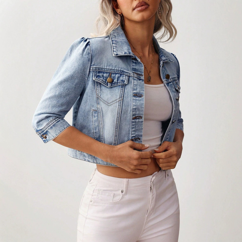 Women's Y2K Denim Jacket - Light Blue Washed Puff Shoulder Short Length Three-Quarter Sleeve Denim Jacket Women's Y2K Denim Jacket - Light Blue Washed Puff Shoulder Short Length Three-Quarter Sleeve Denim Jacket