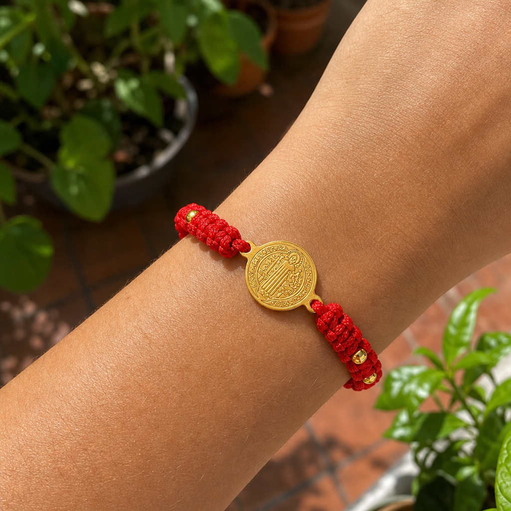 Go2Boho Red Rope Bracelet with Metal Round Pendant, Hand-Woven Religious Symbols, Unisex, Individually Packaged for Cross-Border Sales