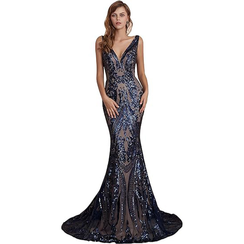 Cross-border New Annual Meeting Evening Dress European and American Banquet Ball Sequin dress Dress Sleeveless Sexy V-neck Dress