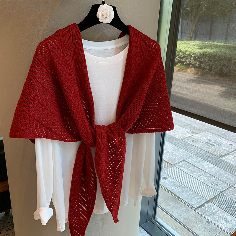 Korean-Style Knitted Shawl Cover-Up Hollow Quality Triangle Scarf for Women, Summer Thin Sun-Protective Air-Conditioning Shirt Scarf