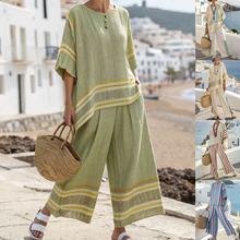 欧美跨境夏季女装新款条纹拼色拼接中袖圆领上衣直筒休闲长裤套装