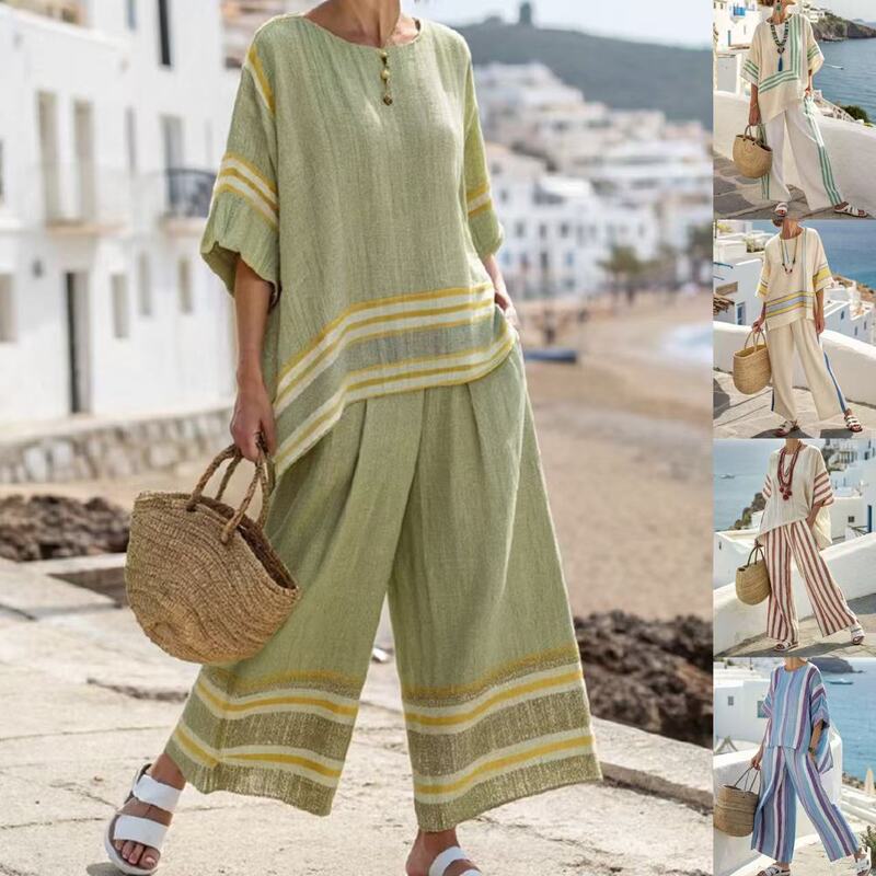 Europe and the United States cross-border summer women's new striped color matching stitching sleeve round neck top straight casual pants suit
