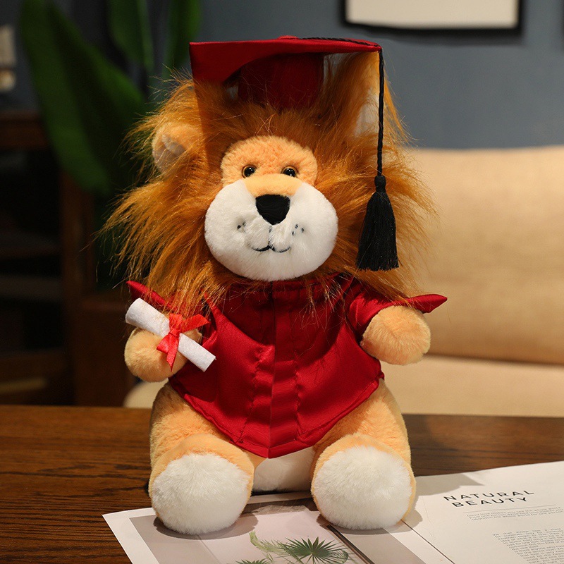 Uniforme de dibujos animados de león pequeño muñeca de peluche doctor muñeca logotipo impresa logotipo regalo de temporada de graduación de licenciatura