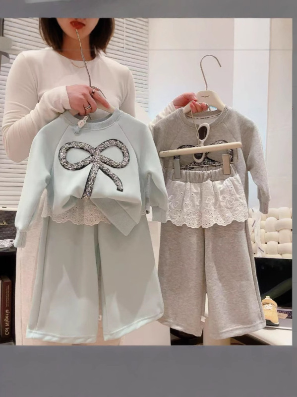 女童2025春秋季新款蝴蝶结蕾丝花边套装中大童卫衣卫裤休闲两件|undefined