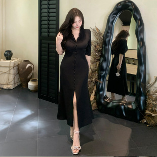 plus size Women's High-end Light Luxury Elegant Pure Satin Lace Stitching Waist Slimming Split dress 1909