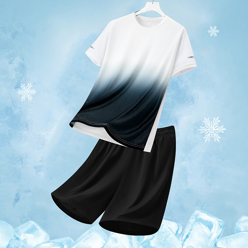 Traje deportivo de ocio para hombre de verano, pantalones cortos de camiseta de secado rápido transpirable de dos piezas sueltos de impresión para hombre