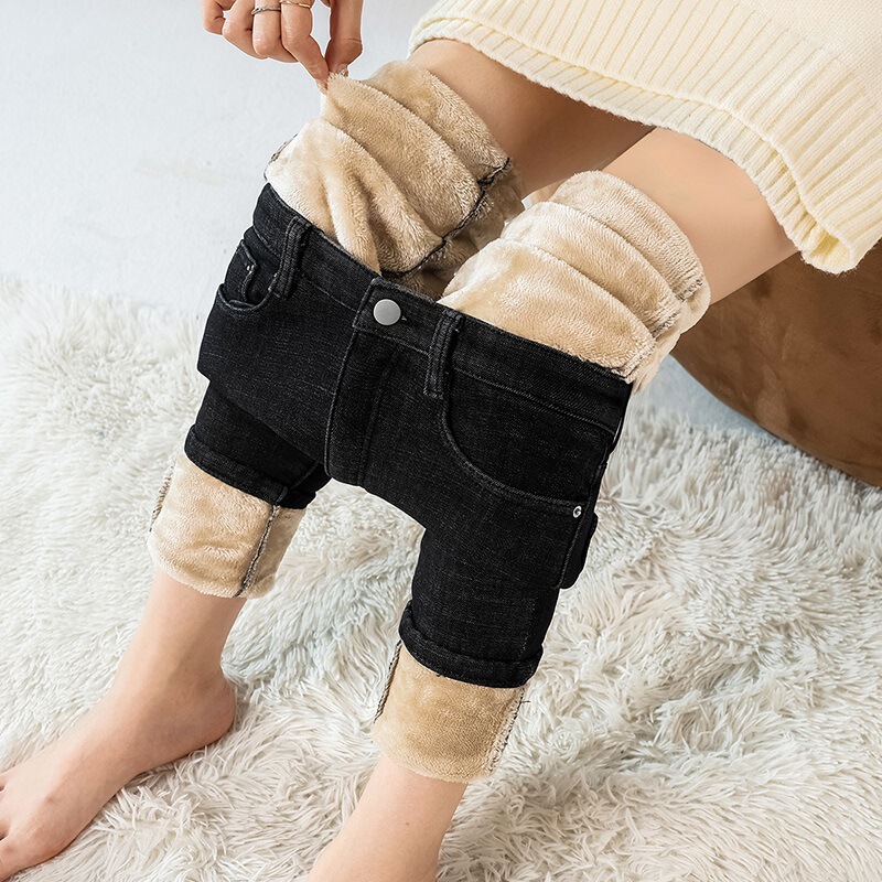 Real Shot of 505 Fleece-Lined Thick Leggings for Women, Suitable for Wearing Outside, Denim Long Pants, Pencil Pants, Slim Fit, Warm Cotton Pants for Autumn and Winter