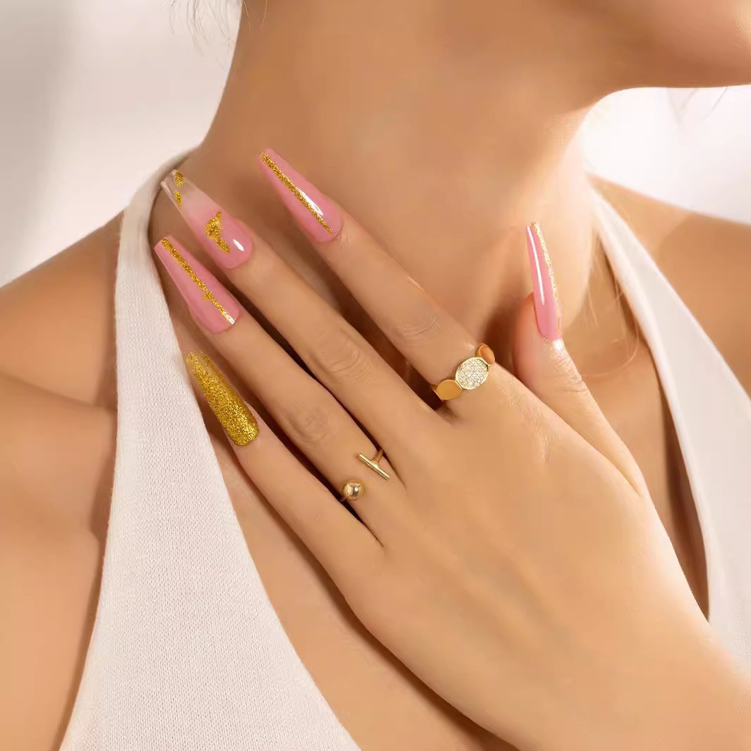 Uñas postizas de estilo francés populares transfronterizas, parches de uñas postizas largas, uñas postizas desmontables terminadas de fábrica.