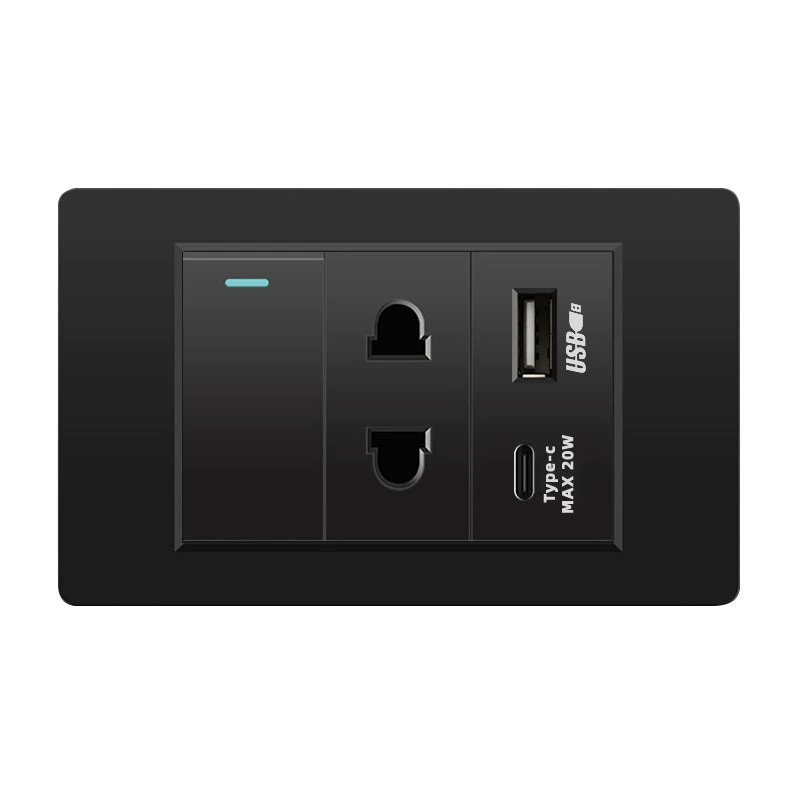 Черная настенная панельная розетка с 118 тип switch, тайваньская розетка с 20W type-C, шесть отверстий