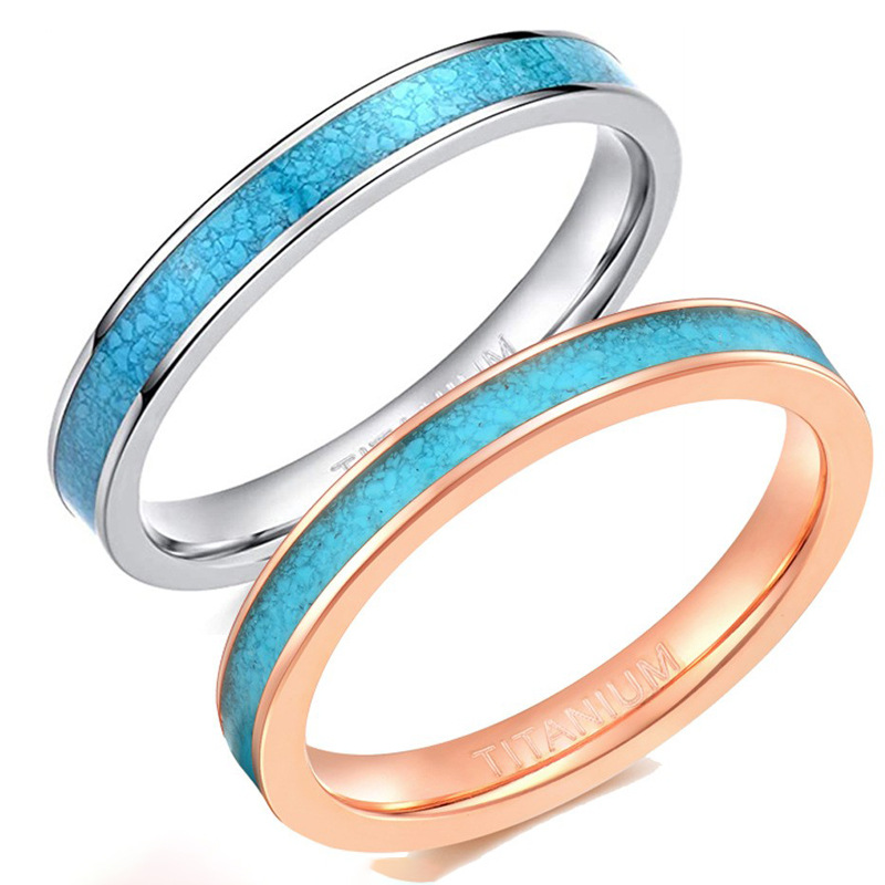 Factory direct polished men's and women's engagement comfortable simple wide 3mm silver inlaid turquoise pure titanium ring niche
