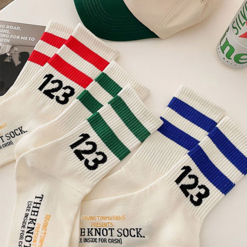 Cross-border 123 digital couple sports cotton socks spring and autumn white basketball socks wholesale men's mid-calf socks