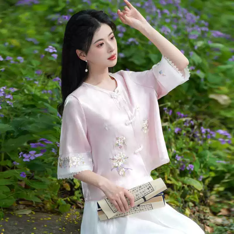 Реальная фотография нового китайского стиля летних вышивок Omansha, Miaowu чайное искусство, полурукавная блуза, рабочая одежда