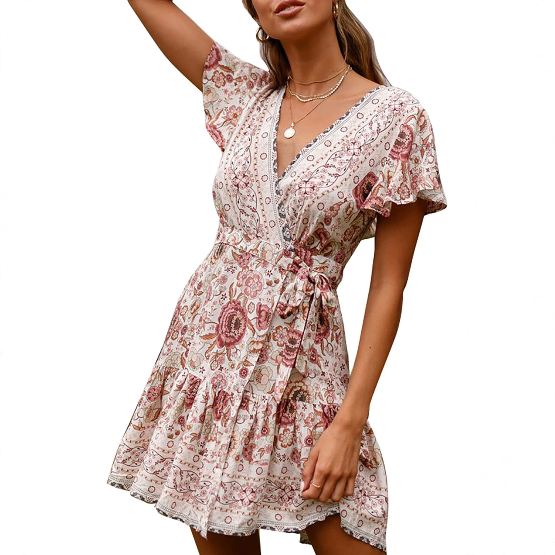 2026 Spring and Summer New European and American Women's Short Skirts, Amazon Ebay Hot-Selling Short-Sleeved V-Neck Printed Beach Dress